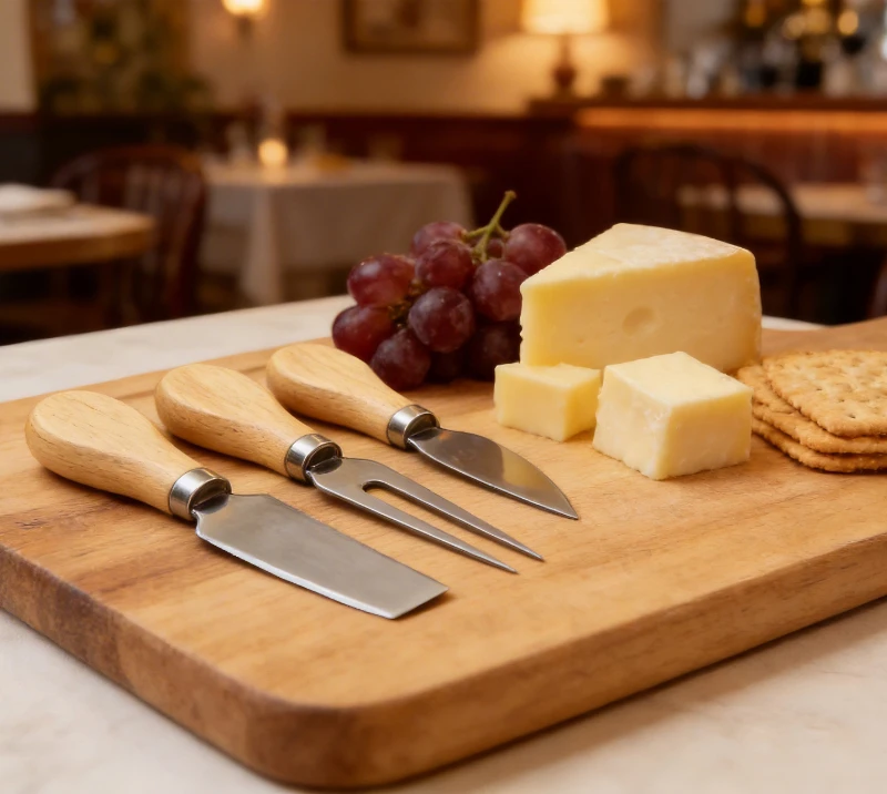 Ensemble de 4&nbsp;couteaux &agrave; fromage en bois de ch&ecirc;ne et planche &agrave; fromage