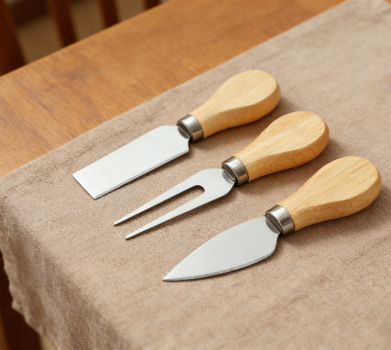 Ensemble de 4&nbsp;couteaux &agrave; fromage en bois de ch&ecirc;ne et planche &agrave; fromage