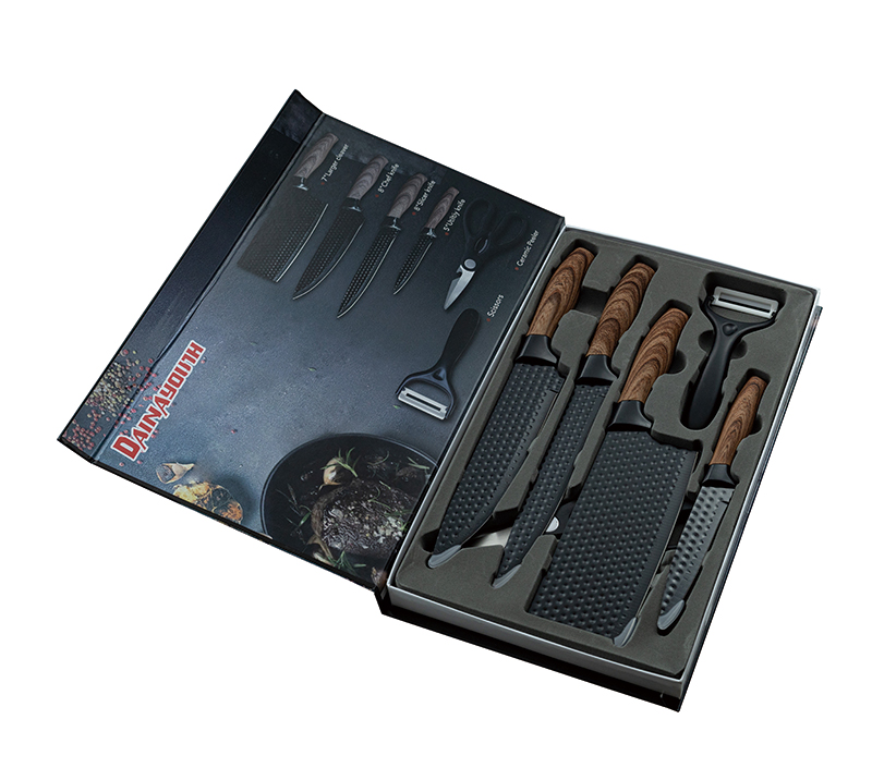 Ensemble de 6&nbsp;couteaux de cuisine martel&eacute;s avec manche en bois