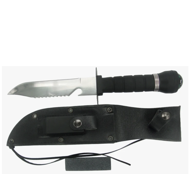 Couteau de survie FK13 avec boussole et fourreau, couteau de chasse de camping dentel&eacute; en acier inox