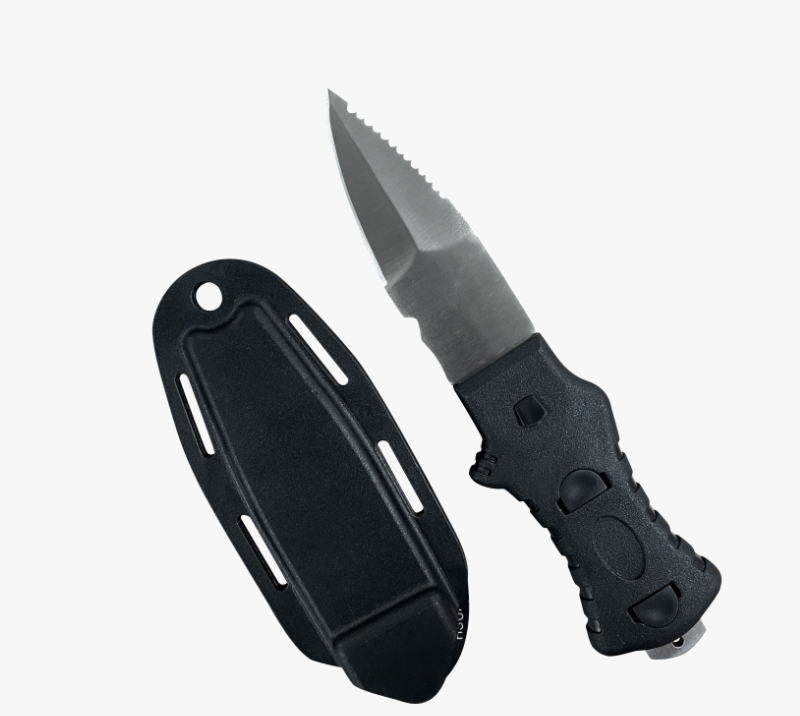Couteau de plong&eacute;e FK266 en acier inoxydable avec bord demi-dentel&eacute;, manche en ABS et &eacute;tui en PP