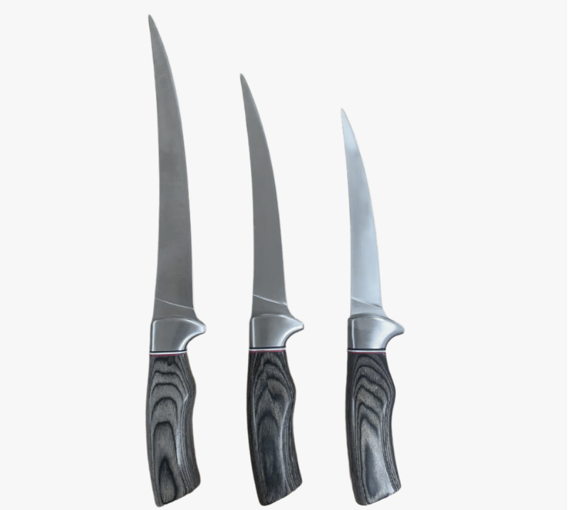 FK333&nbsp;3&nbsp;pi&egrave;ces de couteaux &agrave; filet avec main en bois, outils de d&eacute;sossage de p&ecirc;che en acier inoxydab