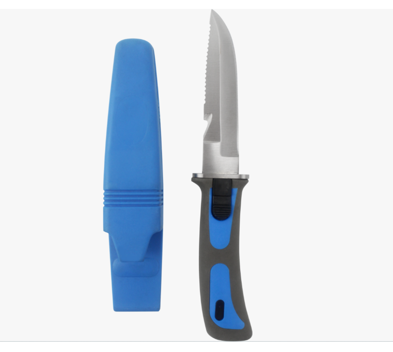 Couteau de p&ecirc;che &agrave; lame dentel&eacute;e et manche bleu-gris S1005 avec &eacute;tui