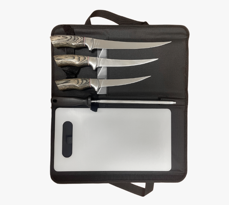 FKS40-06&nbsp;ensemble de 5&nbsp;couteaux &agrave; filet avec manche en bois, sac &agrave; rouleau et planche &agrave; d&eacute;couper, T