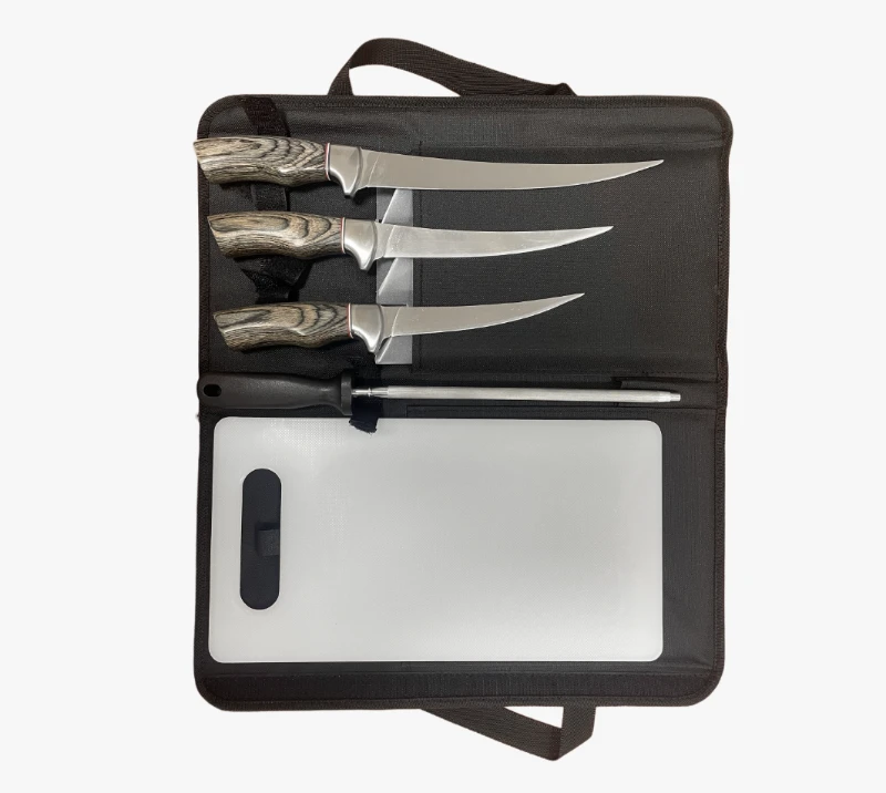 FKS40-06&nbsp;ensemble de 5&nbsp;couteaux &agrave; filet avec manche en bois, sac &agrave; rouleau et planche &agrave; d&eacute;couper, T