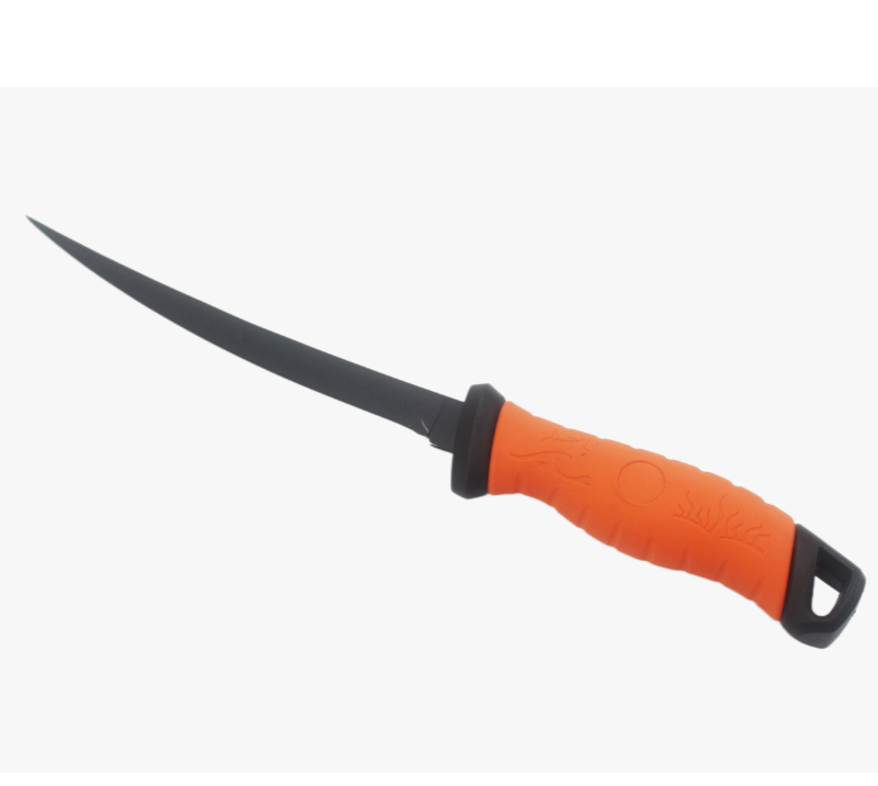 S2027&nbsp;Couteau &agrave; filet &agrave; lame incurv&eacute;e &agrave; manche orange, couteau de p&ecirc;che en acier inoxydable avec poi