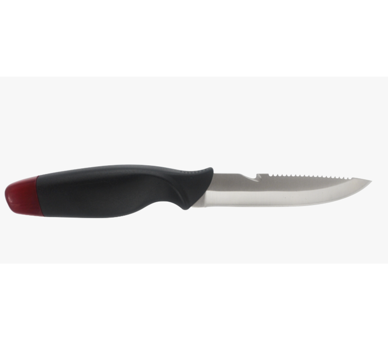 S1029&nbsp;Couteau &agrave; lame fixe dentel&eacute;e avec manche en plastique rouge et noir, couteau de chasse et de p