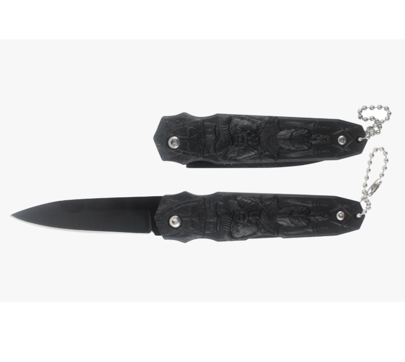 S2021&nbsp;Couteau d'ext&eacute;rieur en relief Knight, couteau de poche noir avec porte-cl&eacute;s, couteau tactique
