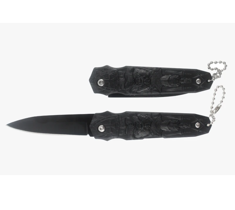 S2021&nbsp;Couteau d'ext&eacute;rieur en relief Knight, couteau de poche noir avec porte-cl&eacute;s, couteau tactique