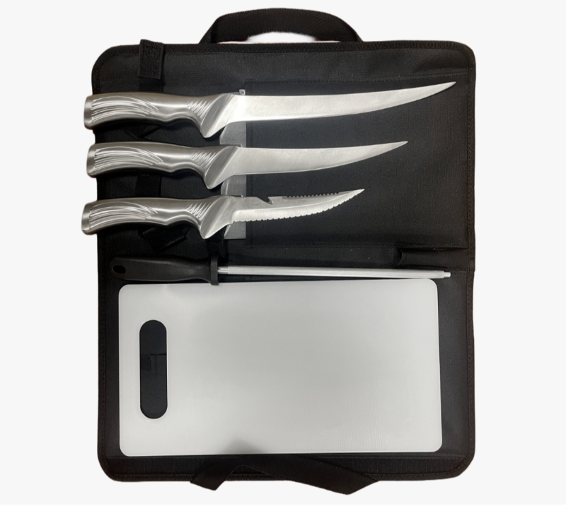 FKS39-06&nbsp;Ensemble de 6&nbsp;couteaux &agrave; filet d'ext&eacute;rieur avec taille-crayon, planche &agrave; d&eacute;couper et sac &agrave;
