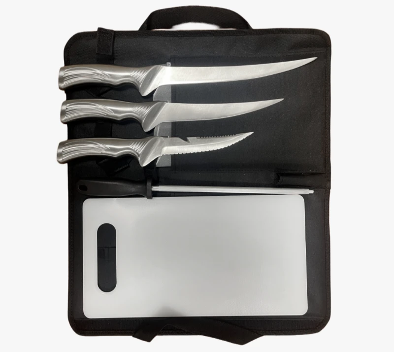FKS39-06&nbsp;Ensemble de 6&nbsp;couteaux &agrave; filet d'ext&eacute;rieur avec taille-crayon, planche &agrave; d&eacute;couper et sac &agrave;