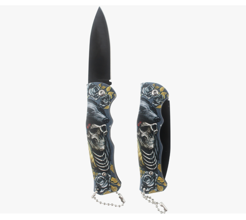 KA086&nbsp;Couteau de poche pliant imprim&eacute; t&ecirc;te de mort et rose, couteau EDC &agrave; lame noire en acier inoxyd