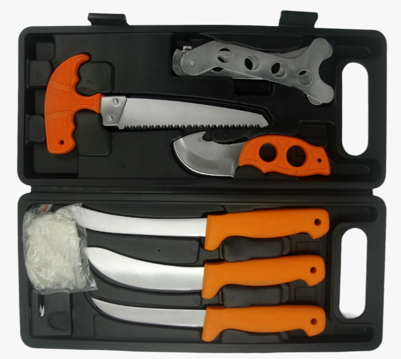FKS23-09&nbsp;9&nbsp;PCS&nbsp;Kits d'outils de survie en plein air avec &eacute;tui de rangement rigide, lames en acier in
