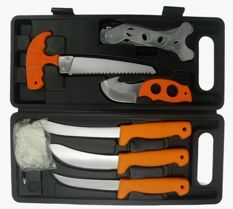 FKS23-09&nbsp;9&nbsp;PCS&nbsp;Kits d'outils de survie en plein air avec &eacute;tui de rangement rigide, lames en acier in