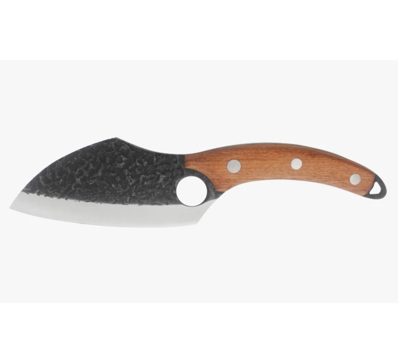 S1024&nbsp;Couteau couperet forg&eacute; &agrave; la main, couteau d'ext&eacute;rieur avec manche en bois et trou pour les doi