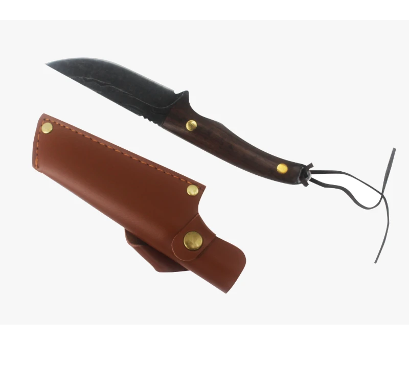 S1027&nbsp;Couteau de chasse &agrave; lame fixe forg&eacute; &agrave; la main, manche en bois avec &eacute;tui en cuir, couteau de su