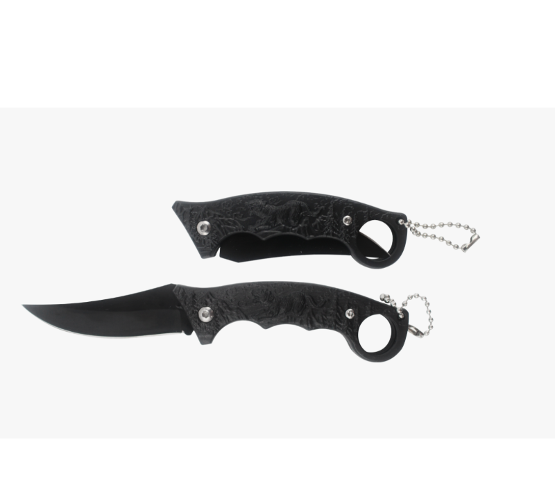 Couteau Karambit pliant en relief tigre S2022, couteau de poche noir avec porte-cl&eacute;s, couteau tactiq