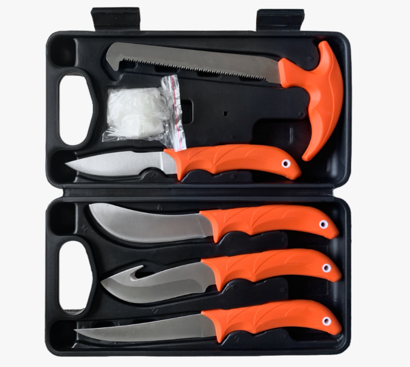 FKS33-07&nbsp;7&nbsp;pi&egrave;ces de couteaux de chasse et de p&ecirc;che avec &eacute;tui rigide, couteaux &agrave; filet, scie, kit de