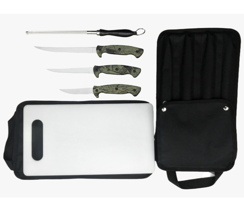 FKS29-06A&nbsp;6&nbsp;pi&egrave;ces, 5&nbsp;pi&egrave;ces, couteau &agrave; filet professionnel, manche camouflage, avec planche &agrave; d&eacute;cou