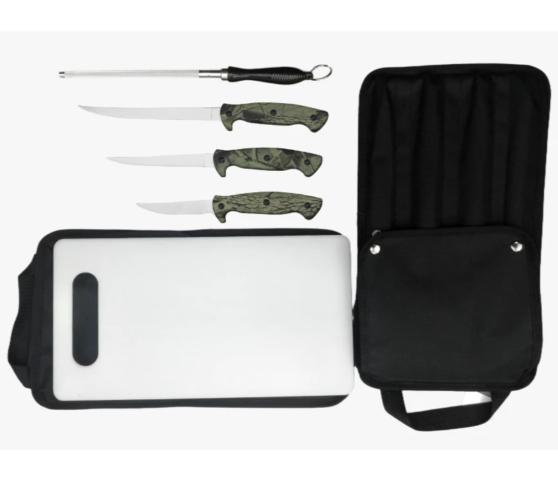 FKS29-06A&nbsp;6&nbsp;pi&egrave;ces, 5&nbsp;pi&egrave;ces, couteau &agrave; filet professionnel, manche camouflage, avec planche &agrave; d&eacute;cou