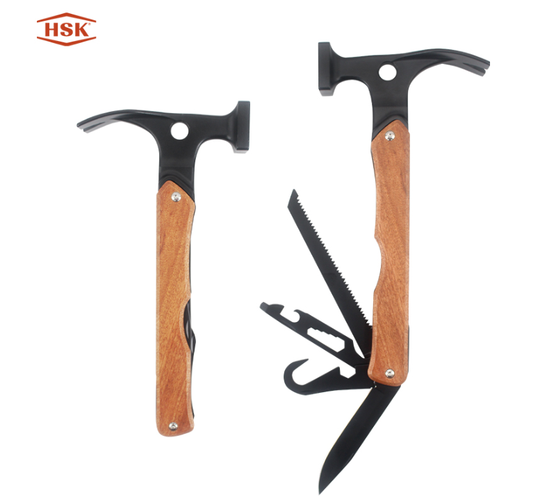 S02318&nbsp;Marteau de camping multi-outils 12&nbsp;en&nbsp;1 avec manche en bois, &eacute;quipement de survie en plein ai