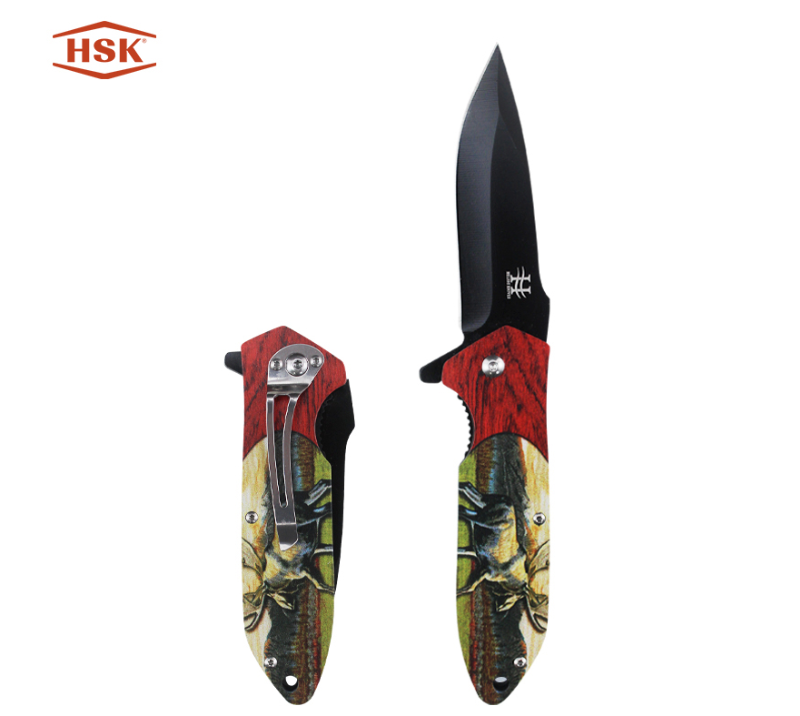 Couteau pliant d'ext&eacute;rieur &agrave; motif cerf TPK-18, lame tactique noire en acier inoxydable avec manche