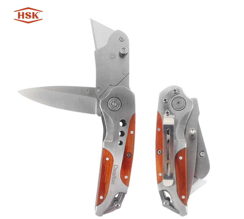 Outil multifonction &agrave; double lame&nbsp;K108&nbsp;: couteau utilitaire pliant avec manche en bois Dealfon