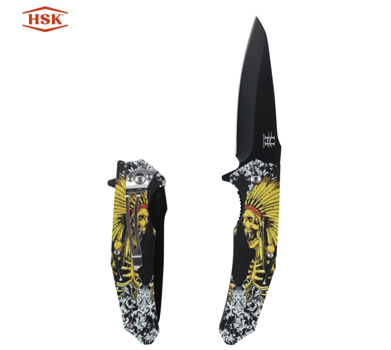Couteau pliant tactique &agrave; motif de cr&acirc;ne indien TPK18, lame en acier inoxydable &agrave; rev&ecirc;tement noir av