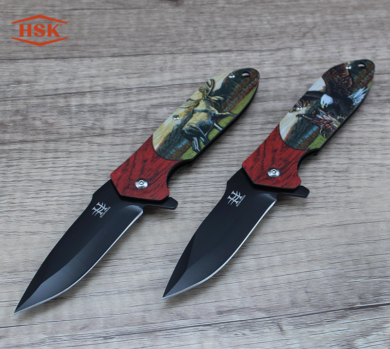 Couteau pliant d'ext&eacute;rieur &agrave; motif cerf TPK-18, lame tactique noire en acier inoxydable avec manche