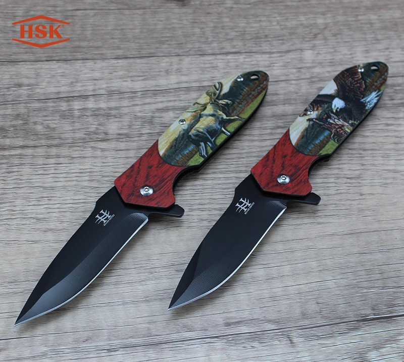 Couteau pliant d'ext&eacute;rieur &agrave; motif cerf TPK-18, lame tactique noire en acier inoxydable avec manche