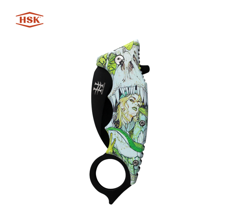 Couteau pliant d'ext&eacute;rieur imprim&eacute; avec manche en anneau TPK48, lame en acier inoxydable noir avec p