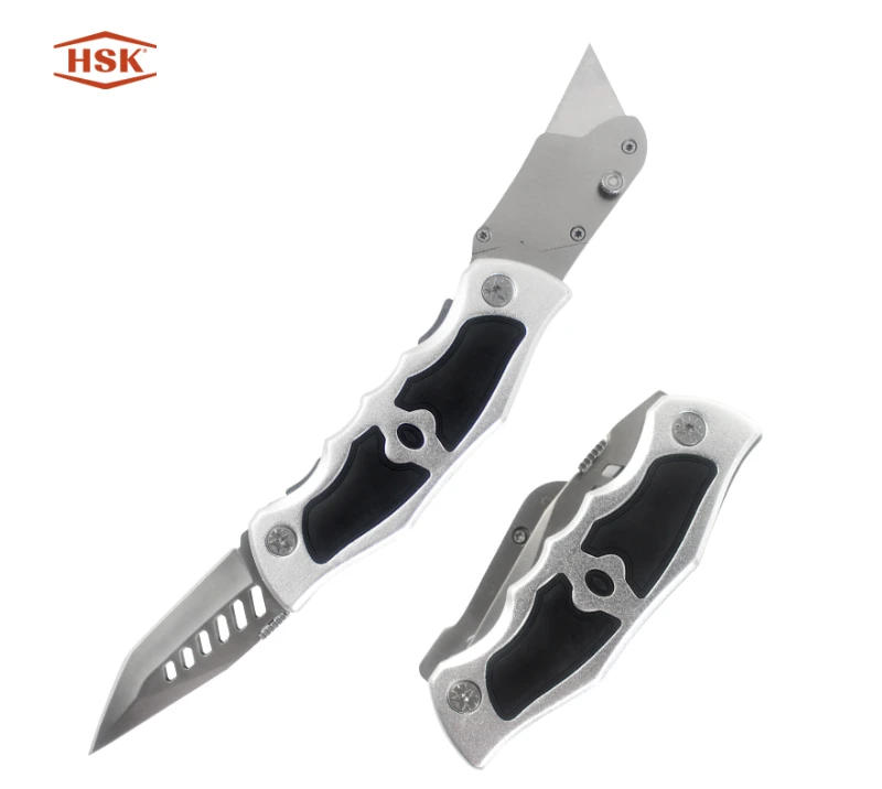 Couteau utilitaire pliant noir argent&eacute; &agrave; double t&ecirc;te K111, coupeur EDC &agrave; lame rempla&ccedil;able robuste
