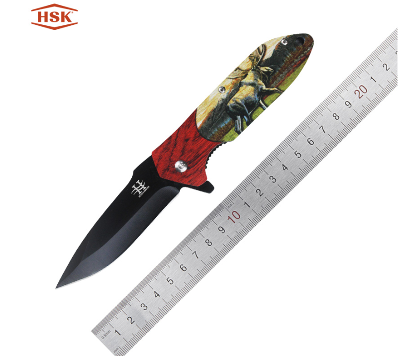 Couteau pliant d'ext&eacute;rieur &agrave; motif cerf TPK-18, lame tactique noire en acier inoxydable avec manche
