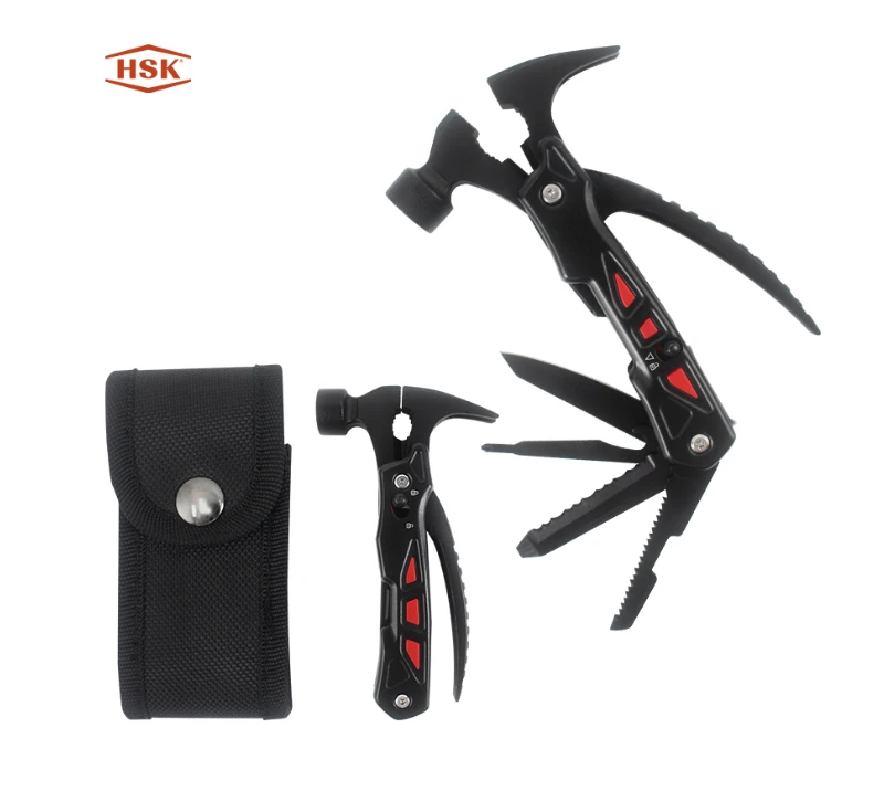 S02139 Marteau multi-outils noir, outil multifonction de survie en camping en plein air avec pince-c