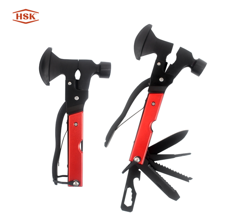 S02137 Marteau multi-outils rouge et noir, outil multifonction de survie en camping en plein air ave
