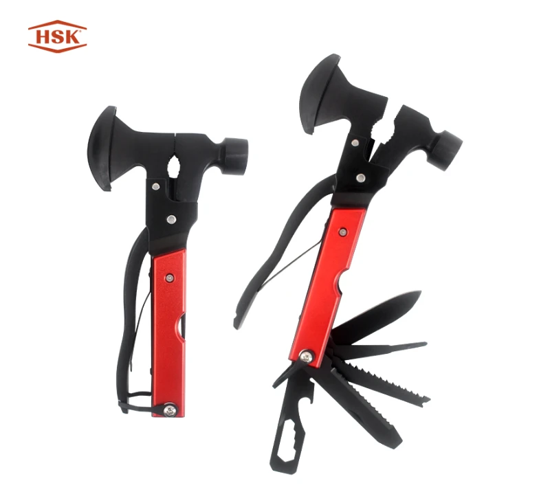 S02137 Marteau multi-outils rouge et noir, outil multifonction de survie en camping en plein air ave