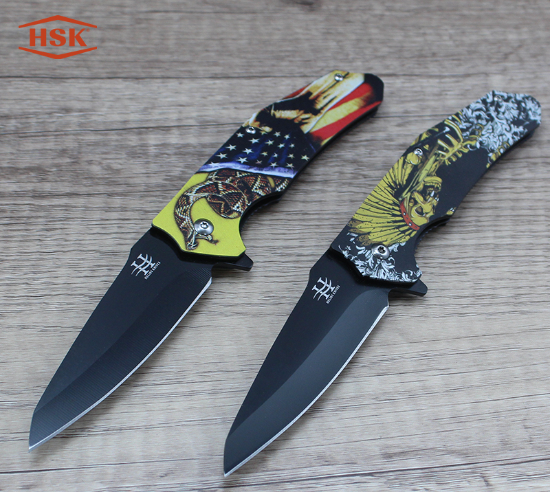 Couteau pliant tactique &agrave; motif de cr&acirc;ne indien TPK18, lame en acier inoxydable &agrave; rev&ecirc;tement noir av