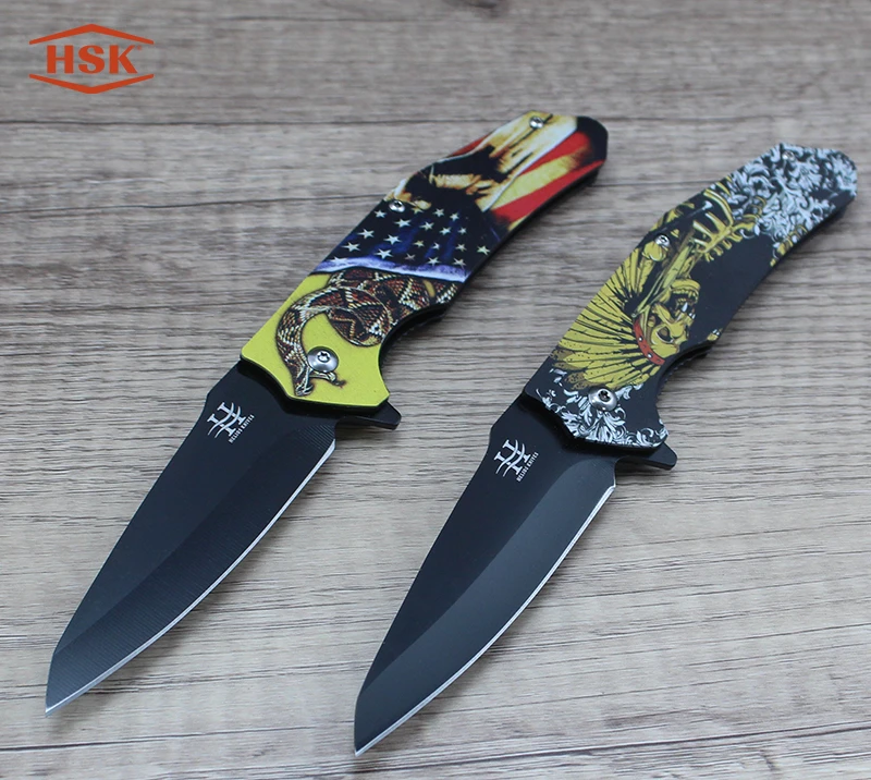 Couteau pliant tactique &agrave; motif de cr&acirc;ne indien TPK18, lame en acier inoxydable &agrave; rev&ecirc;tement noir av