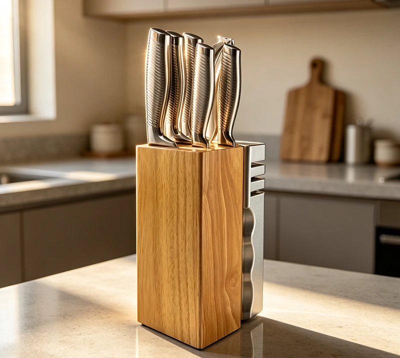 D-D009A 8PCS Dual Block Wood Knife Set with Built-in Sharpener