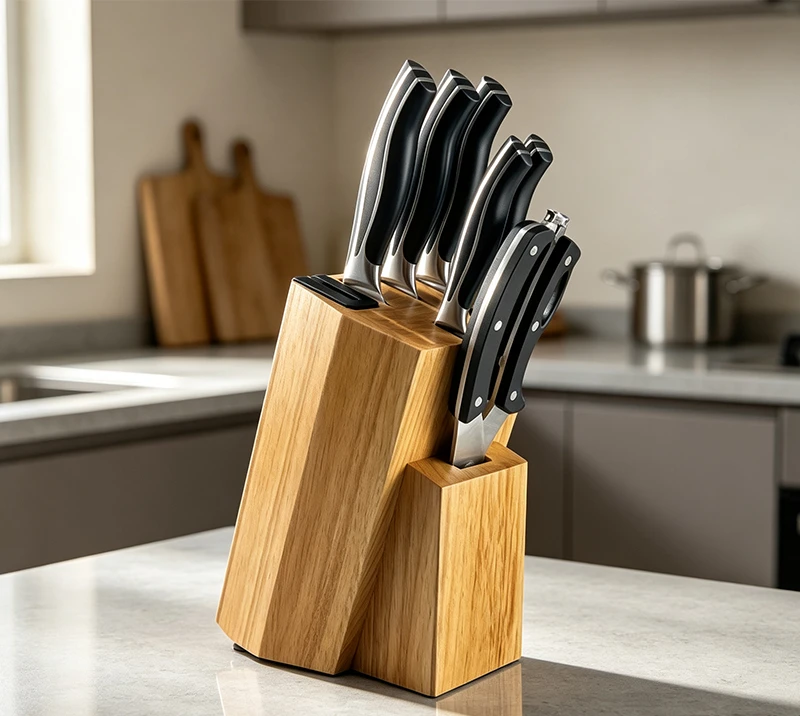 D-D004A 8PCS High Quality Stainless Steel Kitchen Knife Set with Wooden Block & Build-in Sharpener