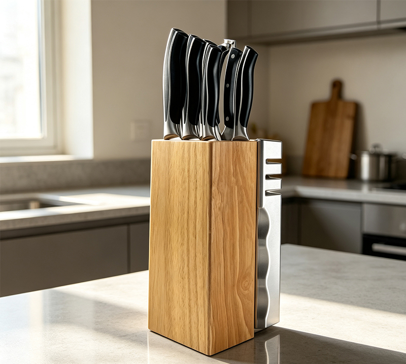 D-D003B- 8PCS ABS Handle Kitchen Knife Set with Wood Block & Built-in Sharpener