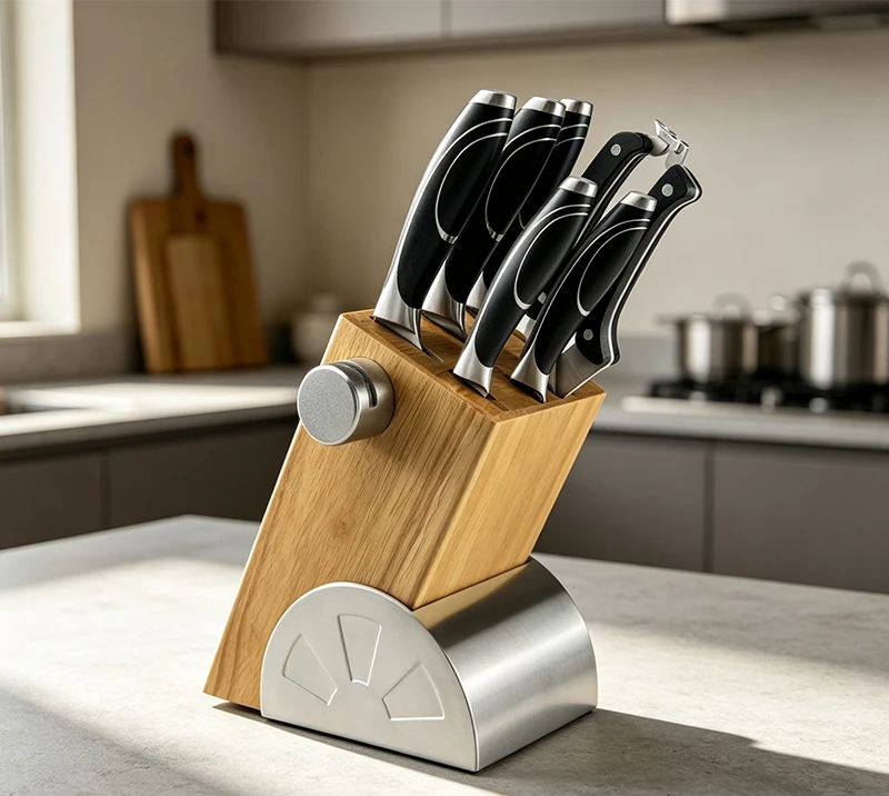 D-D002C-8PCS Kitchen Knife Set with Wood Block & Built-in Sharpener